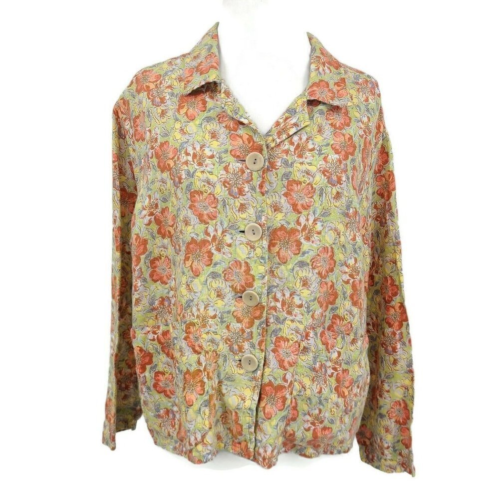 Flax Floral Linen Blouse Womens Small Yellow Rust Boxy Button Front